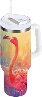 OWFKAY Vaso aislado al vacío de acero inoxidable con diseño de flamencos, color rosa, con tapa y pajita