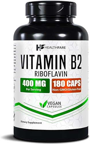 Healthfare Riboflavina de vitamina B2 de 400 mg 180 cápsulas veganas Alta potencia Sin OMG Sin gluten Fabricado en Estados Unidos
