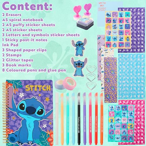 Image of Get Trend Disney Stitch DIY Journal Kit for Kids with Notebook Stickers Pens Erasers Bookmarks Stamps Glitter Tapes Stationery Gifts for Girls