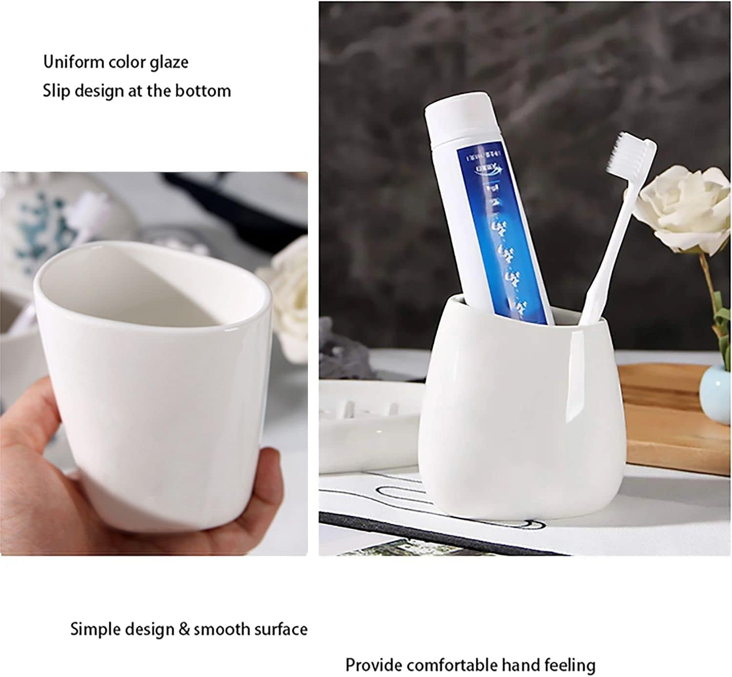 Set di 5 accessori da bagno in ceramica moderna bianca, include dispenser di sapone, portaspazzolino, 2 bicchieri, portasapone