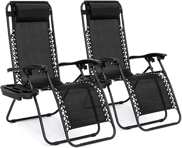 2-Pack Zero Gravity Lounge Chair Adjustable Outdoor Reclining Chair Folding Patio Anti-Gravity Indoor Outdoor Lounge Chair w/Pillow, Cup Holder Two Chairs - Black