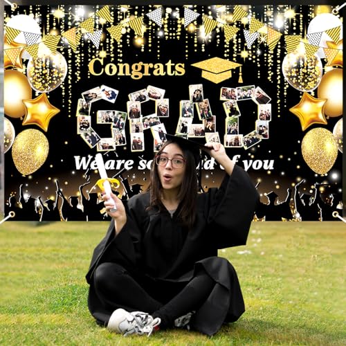 Graduation Party Decorations Photo Banner Black Gold Personalized Graduation Banner Congrats Grad Banner 2024 Graduation Decoration with Stickers for Class of 2024 High School College Graduation Party - Thumbnail 6
