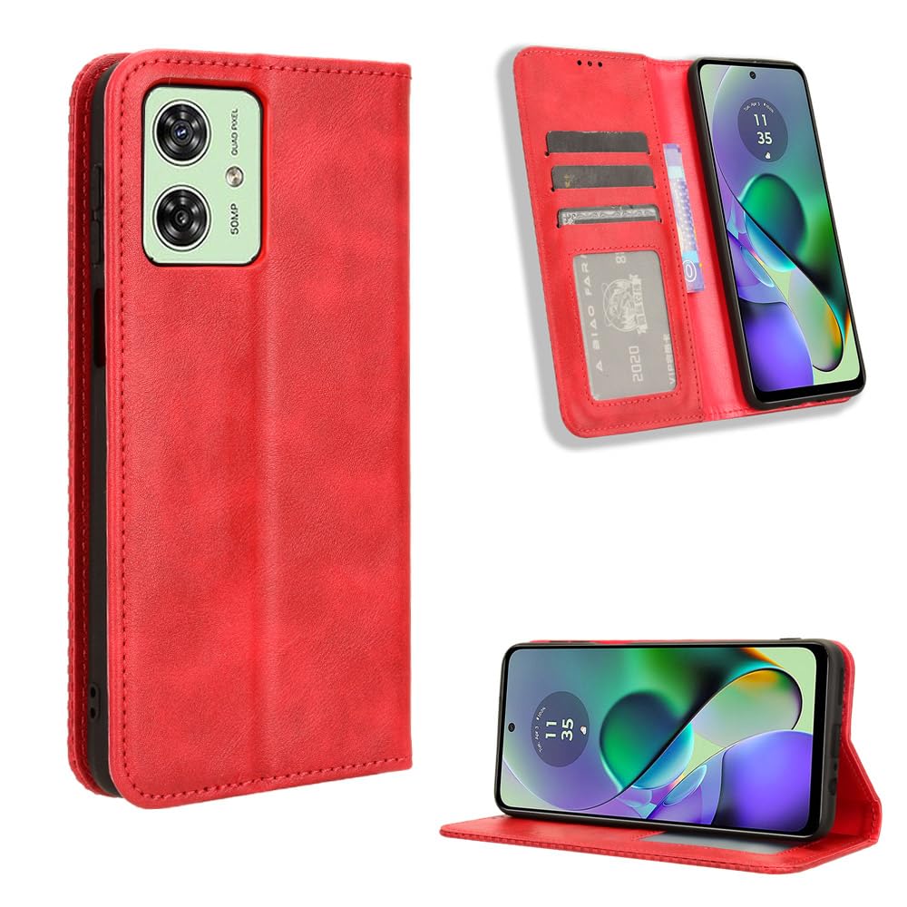 WBWONE Leather Folio Cover per Motorola Moto G54 5G, Custodia in Pelle PU Magnetica Libro Flip Portafoglio con [Funzione Stand]. Rosso