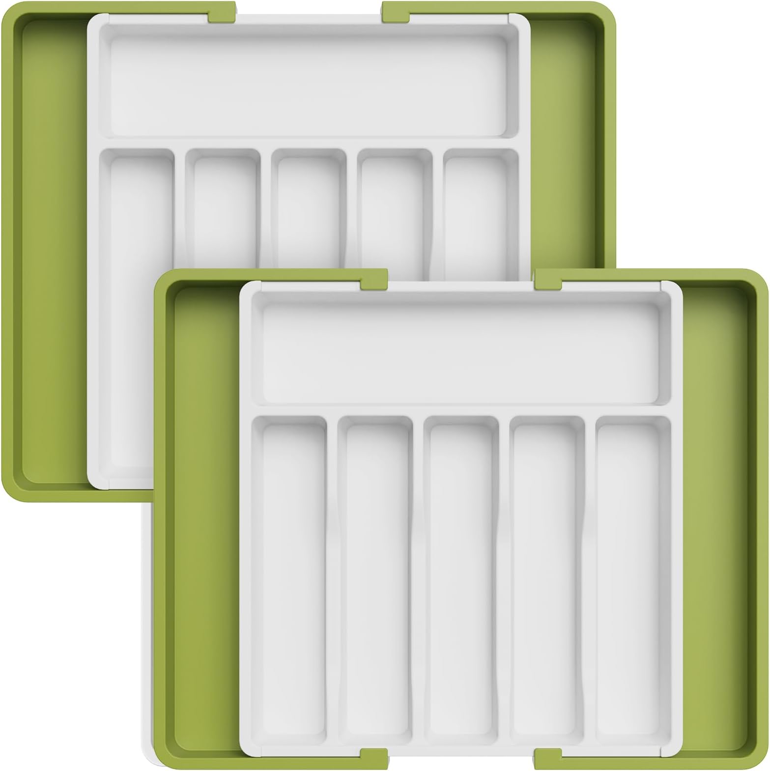 Lifewit Silverware Drawer Organizer, Expandable Utensil Tray for Kitchen, BPA Free Flatware and Cutlery Holder, Adjustable Plastic Storage for Spoons Forks Knives, 2 Pack, Green&White