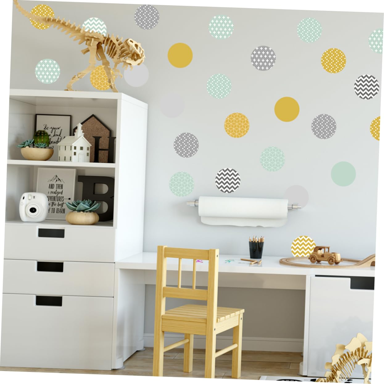 Uonlytech 3pezzi Adesivo Murale Decorativo Nordic Rimovibile Con Pois Gialli Grigi e Verde Senape Per Camera Da Letto e Soggiorno