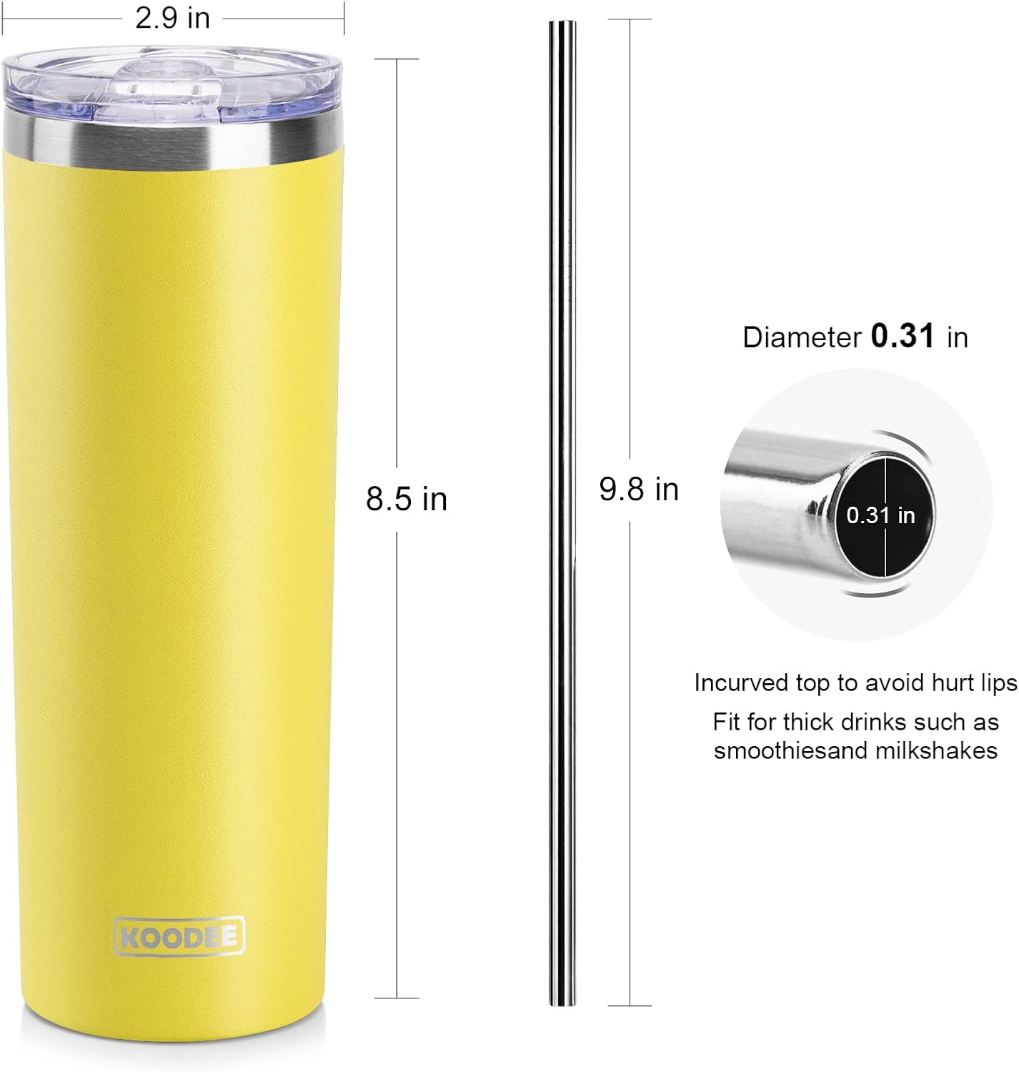 Koodee 20 oz Skinny Tumbler - Stainless Steel Double Wall Insulated Slim Water Cup With Straw and Lids (Yellow) - Image 5