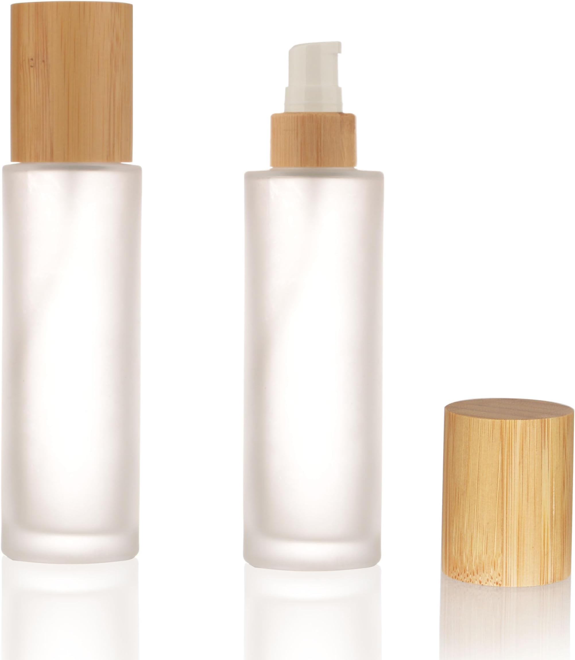 COSIDEA 4pcs Empty 3.33oz / 100ml bamboo lids Frosted glass bottle with lotion pump dispenser, refillable emulsion cosmetic cream bottles, toiletries refill travel container 20 neck