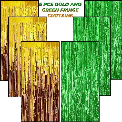 Image of 6 Pieces Foil Fringe Tinsel Party Curtains for Photo Backdrop (Green-Gold)