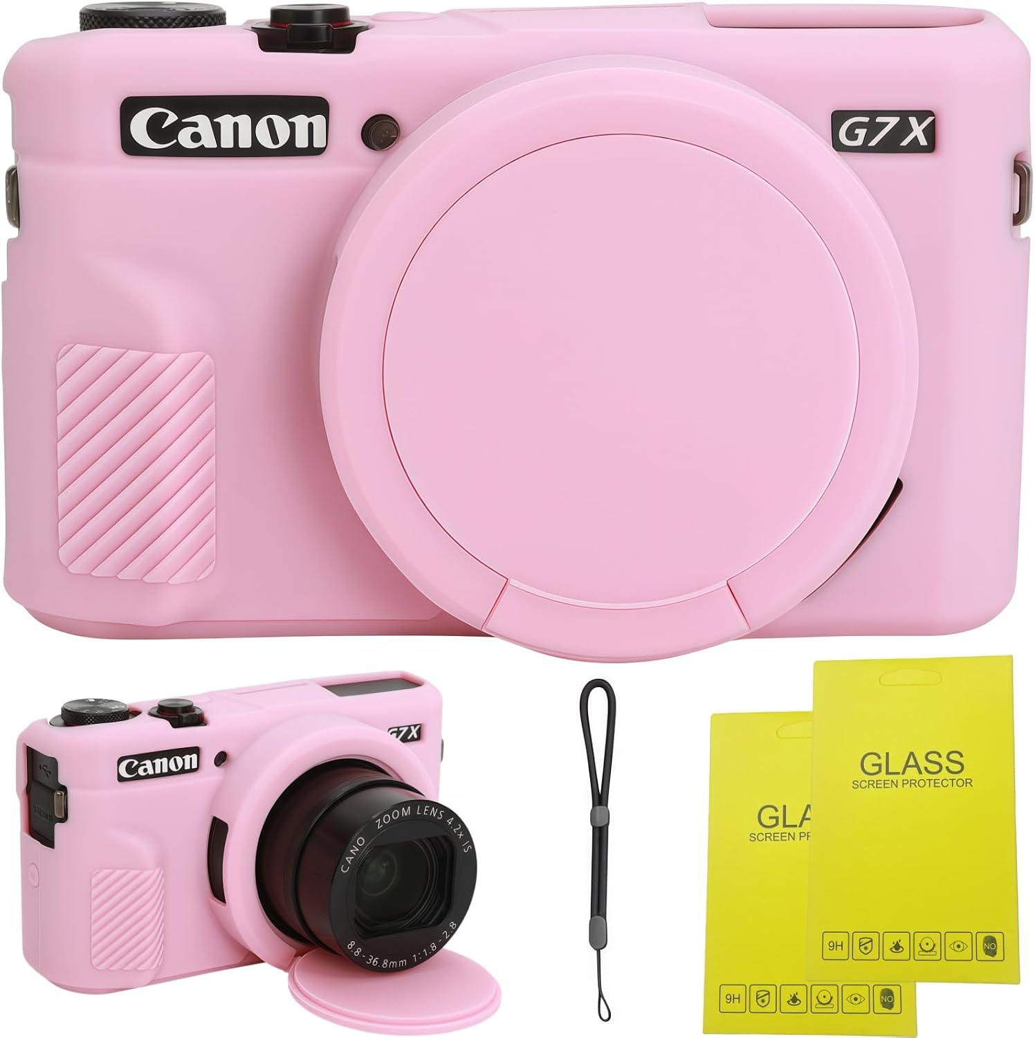 Case for Canon G7 X Mark II Camera, Soft Silicone Protective Case with Improved Down-Open Design, Lens Fully Clear, Includes 2 Screen Protectors & 1 Wrist Strap, Lightweight Anti-Scratch (Pink)