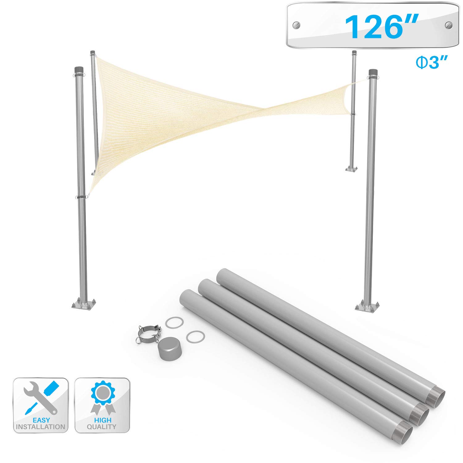 Square Shade Sail Anchors 126 Inch Sun Shade Sail Pole Kit - 3 Inch ...