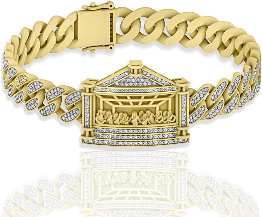 6.37 Cwt. VVS1/D Real Geniune Authentic Hand Set Certified Moissanite Diamond 25mm 14K Gold Finish Last Supper Jesus Apostles Gospel Miami Cuban link ID Bracelet 34 Grams 8.5 Inch