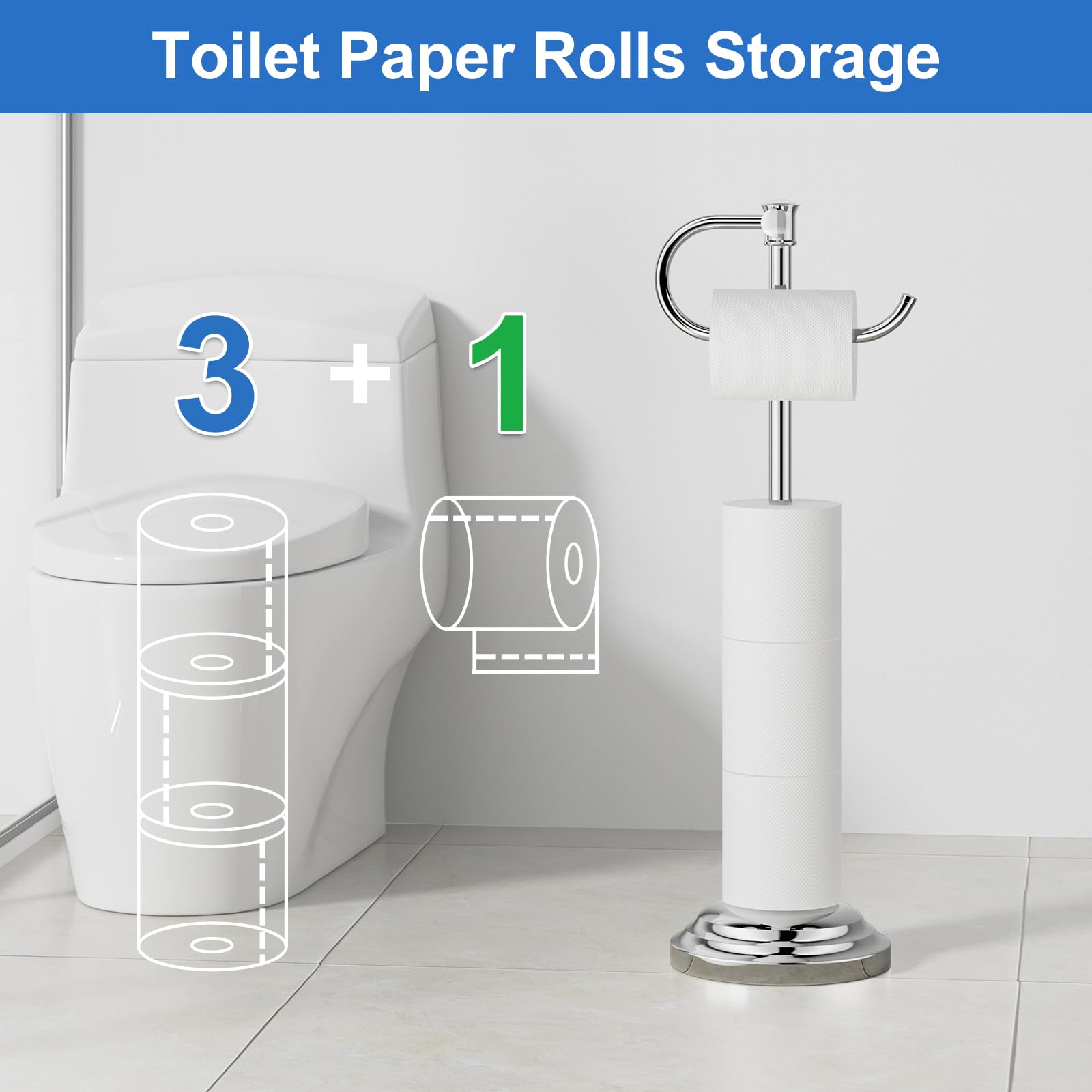 RUMOSE Toilet Paper Holder Stand for Floor Free Standing, Chrome — Amazon image 8
