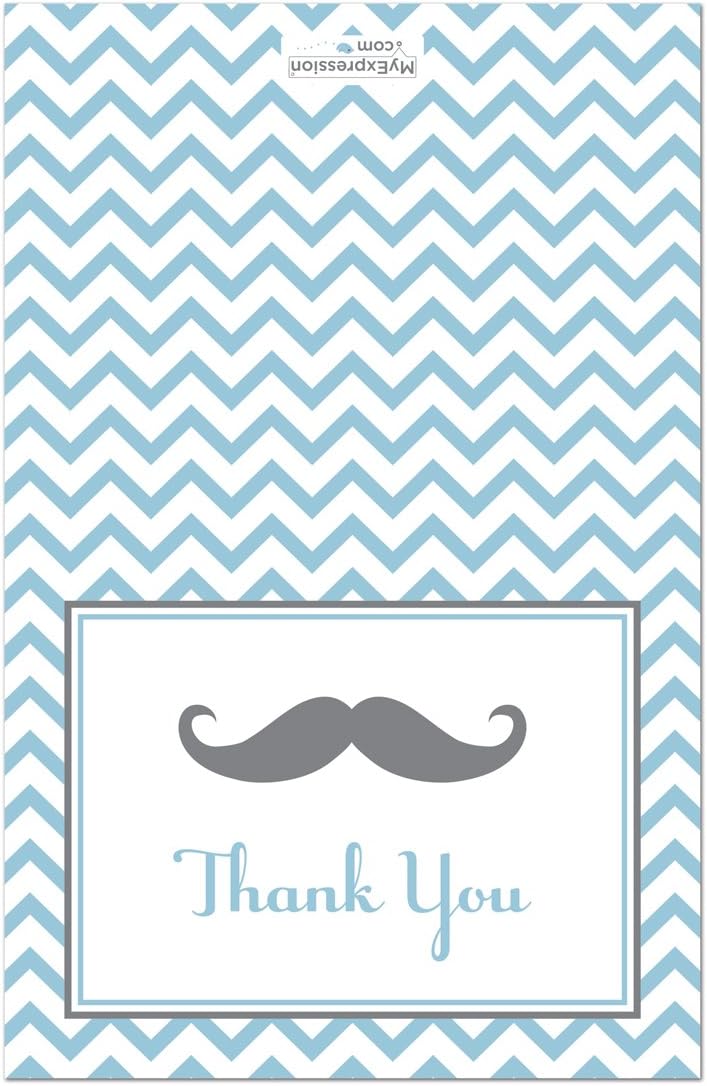 MyExpression.com 50 Cnt Mustache Blue Chevrons Baby Shower Thank You Cards