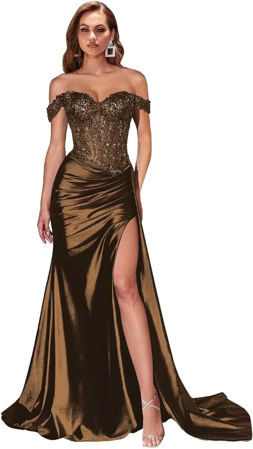 Off Shoulder Lace Applique Prom Dress for Women 2025 Long Satin Mermaid Formal Evening Party Gowns with Slit