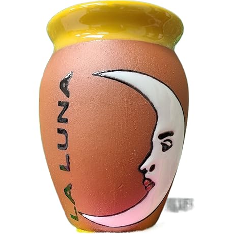 Cantarito de Barro con Tema Loteria La Luna: Traditional Mexican Earthenware Clay Cup