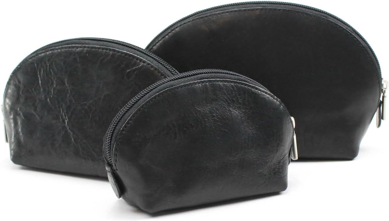 Tony Perotti Womens Italian Cow Leather 3-Piece Makeup Cosmetic Toiletry Travel Cases in Black - Black