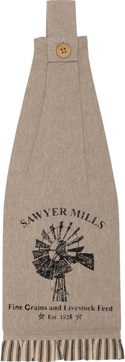 VHC Brands Sawyer Mill Windmill Graphic/Print Chambray Cotton Farmhouse Tabletop Kitchen Fabric Loop Stenciled Tea Towel, Set 6.5x18, Khaki