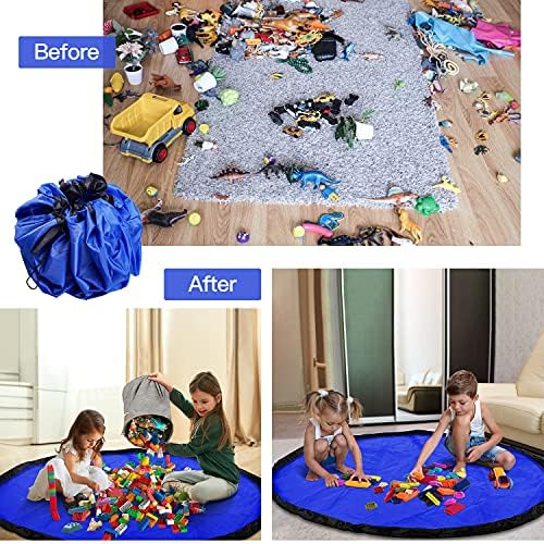 ZB ZealBoom (2 PCS Toy Storage Basket and Large Play Mat, Oxford Storage Bin Quick Cleanup Container with Long Handles and Anti Dust Lid for Kids Toy Organizer (Blue)