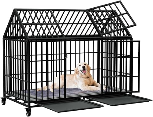 Jaula para perros de 54 pulgadas, jaula grande de metal fuerte para perros grandes, apertura superior con 2 puertas, 4 ruedas bloqueables, 2