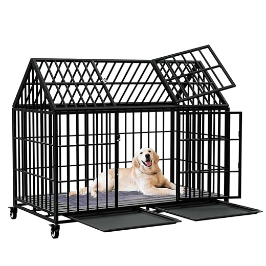 54" Heavy Duty Dog Crate Large Dog cage Strong Metal Dog Kennels and Crates for Large Dogs Top Open with 2 Doors 4 Lockable Wheels 2 Removable Trays
