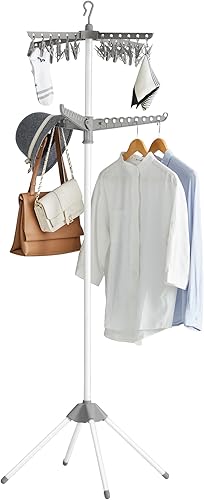 Miniatura 9 de SONGMICS Tendedero de Ropa, Tendedero de Secado Plegable de 59 Pulgadas con 3 Brazos Giratorios para Perchas, 4 Patas, Acero Inoxidable, para 27