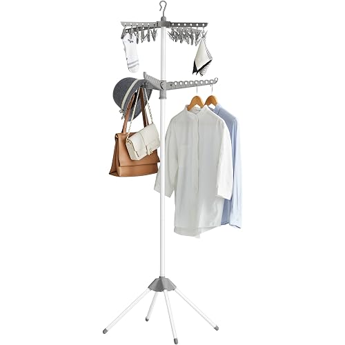 SONGMICS 2-Tier Clothes Drying Rack, 72-Inch Folding Laundry Drying Rack with 3 Rotatable Arms for Hangers, 24 Clips, Stainless Steel, for 27 Pieces of Clothes, Gray and White ULLR512G01