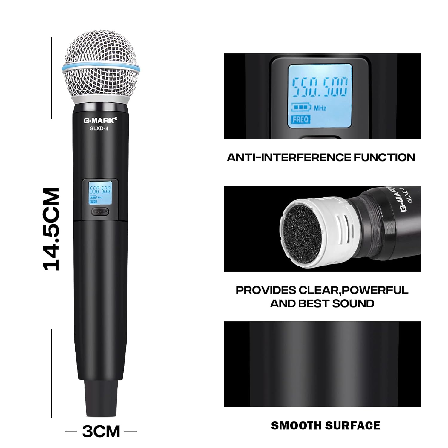 Close-up of the G-MARK GLXD4 receiver's front panel with function buttons, LCD display, and power switch, and rear panel with XLR and 6.35mm AUX outputs