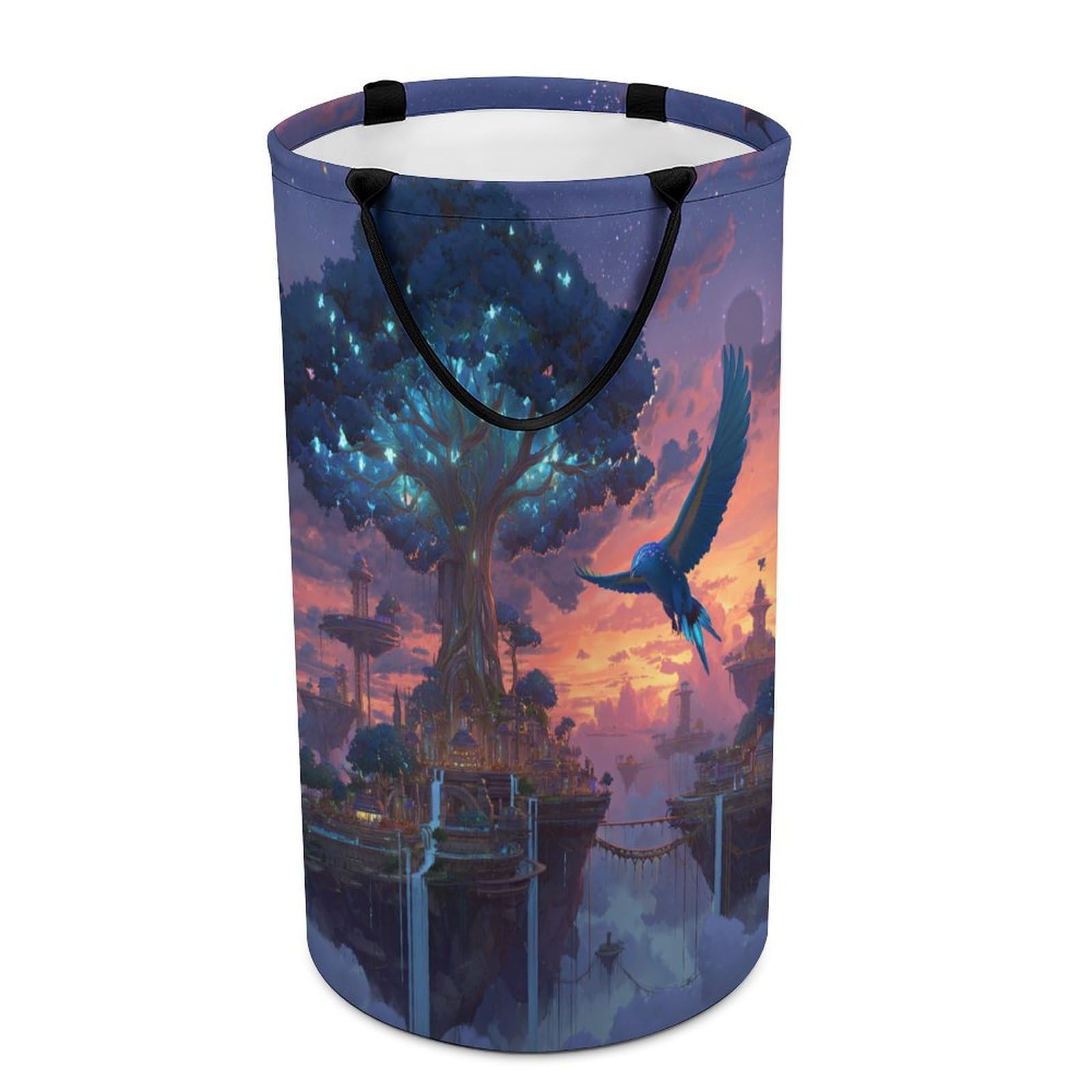 LUYYSKY Fantasy Classic Tree of Life Versatile Storage Laundry Basket, Mid Century Retro Starry Sky Galaxy Enchanted Forest Animal Bird Large Bathroom Laundry Hamper With Handle-40 CM Dia, 69 CM High