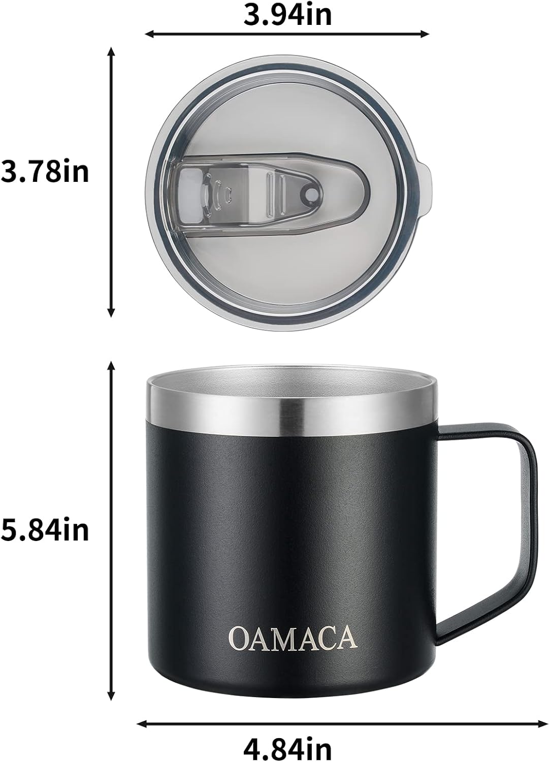 Oamaca 14OZ Coffee Mug with Lid, Vacuum Insulated Travel Tumbler with Handle,Double Wall Stainless Steel Powder Coated Mug Cup,Spill-proof Thermos Cup for Hot & Cold Drinks for Home Office,Black
