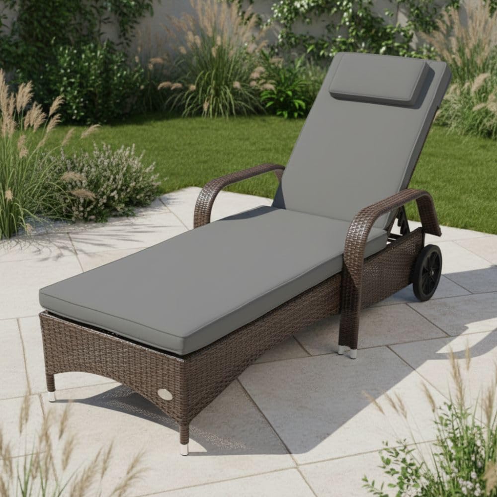 RS Trade Sonnenliege Gartenliege Toscana Wetterfest mit Rollen – Polyrattan Rattan Liege Outdoor mit Armlehne, Verstellbare Relaxliege für Garten, Terrasse, Balkon, braun mit Grauer Auflage & Kissen
