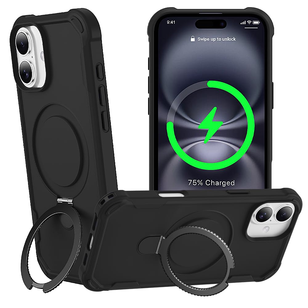 Photo 1 of CHAOFEnG Designed for iPhone 16 Case with Magnetic Stand [Military Drop Protection][Compatible with Magnet] Shockproof 16 Phone Case with Ring Holder, Black