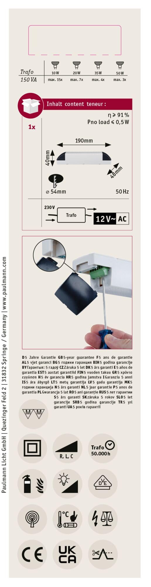 Paulmann 97715 Trasformatore elettronico max. 50-150 Watt dimmerabile alimentatore grigio, nero driver plastica