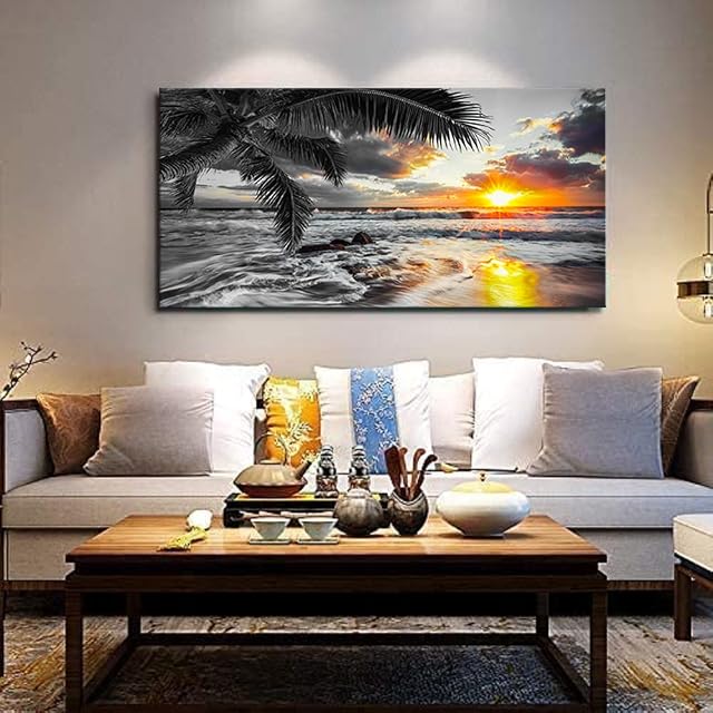Yxbhym-Beach Wall Art Noir et blanc Ocean Pictures for Walls Sunrise Seascape Scenery Canvas Print Sunset Painting Affiche de Palm Sea Wave Artwork for Living Room Wall Art Chambre à coucher Bureau Mur Décor