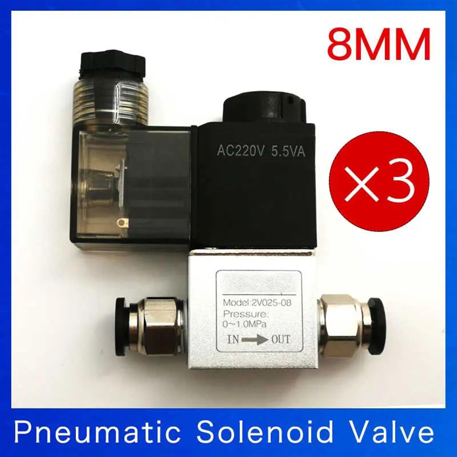 Zawory elektromagnetyczne powietrza 2V025-08 2 pozycje 2 porty 0,6 cm normalnie zamknięty pneumatyczny zawór elektromagnetyczny 12 V 24 V 110 V 220 V wolt (8 mm-dopasowanie-3 szt., AC220V)