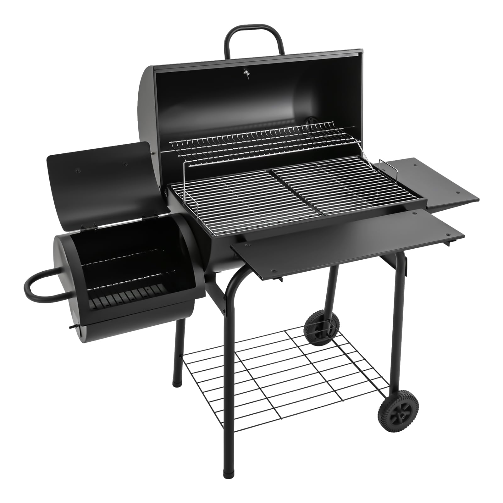 Barbecue a carbonella con carrello e coperchio con termometro, barbecue con affumicatore e ruote, cassetto per la cenere, doppio piano di cottura per un massimo di 10 persone, giardino, terrazzo