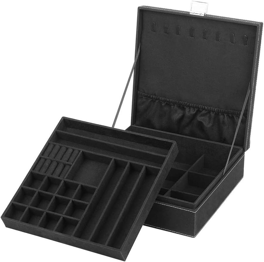 NEX Jewelry Box Organizer, 2 Layers Lint Jewelry Display Storage Case with Lock for Girls and Women (BLACK)