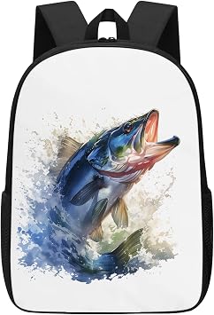 Kids Bass Fish Backpack, Funny Fishing Backpack for School, Green and White Bass Jump Out from Water Bookbag for Girls Boys, Students Gifts Lightweight Laptop Bag Travel Daypack 17"