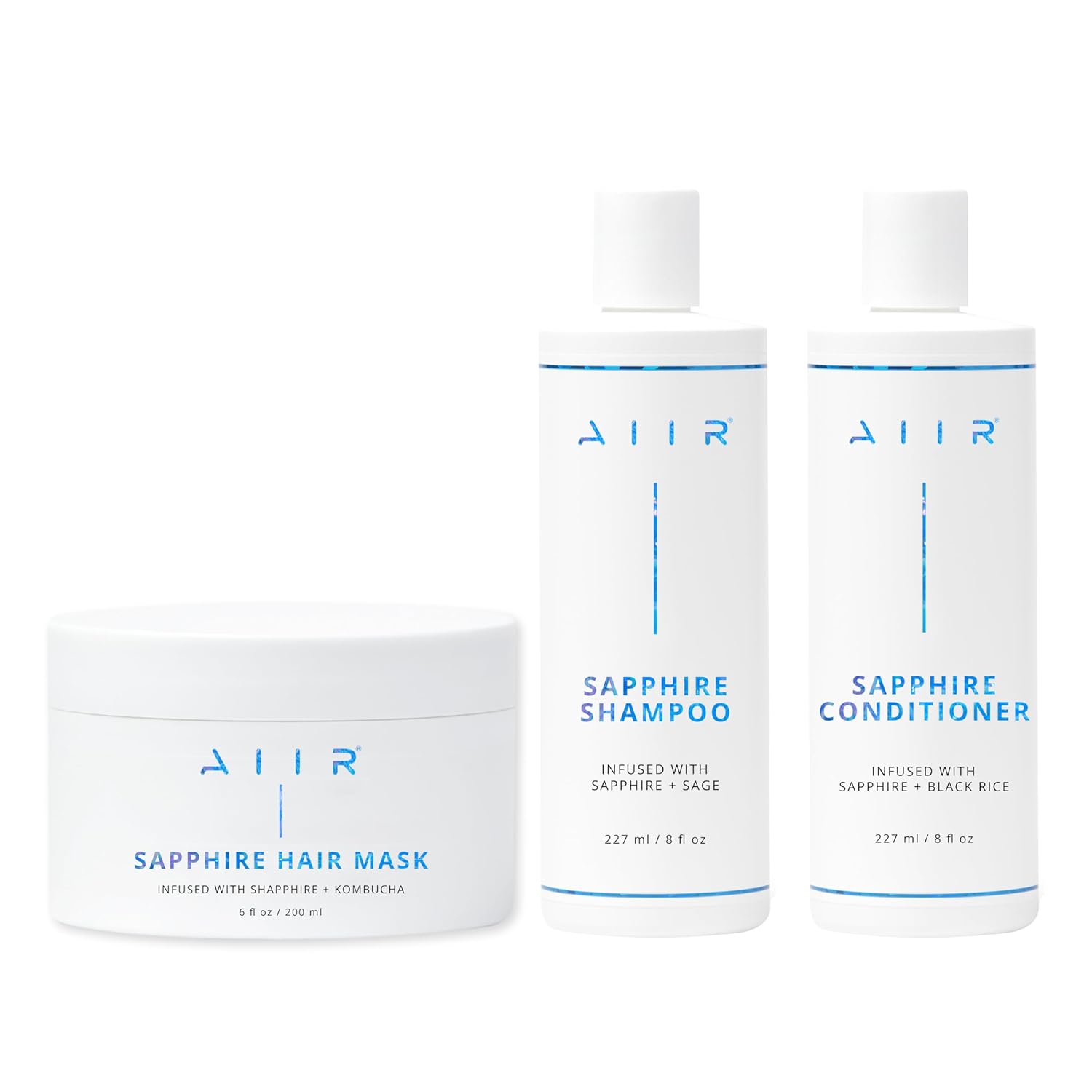AIIR Sapphire Shampoo, Conditioner & Mask Bundle, Color Treated & Damaged Hair, Strengthen & Repair with Coconut Oil, Sulfate Free, Crystal Infused for Stronger, Healthier and Shinier Hair