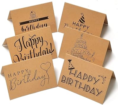 Kraft Happy Birthday Cards, 6pcs with Different Design, Unfolded 3.935.7 Inch Minimalistic Design, Suitable for Business, Birthday Party