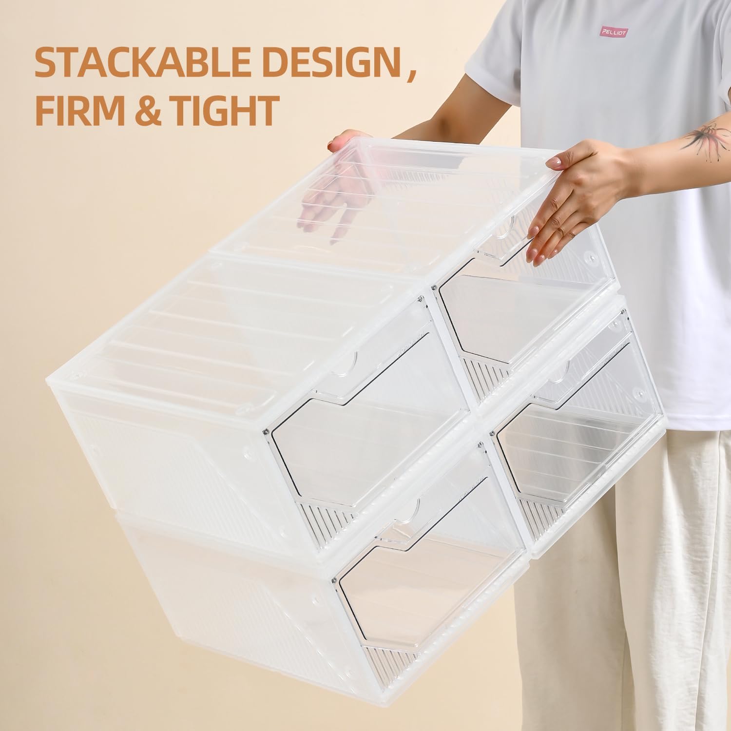 Large Shoe Boxes Clear Plastic Stackable，Drop Front Shoe Box with Clear Door, Shoe Containers For Sneaker Display,Fit up to US Size12 (white clear-Conjoined structure, 10 pack)