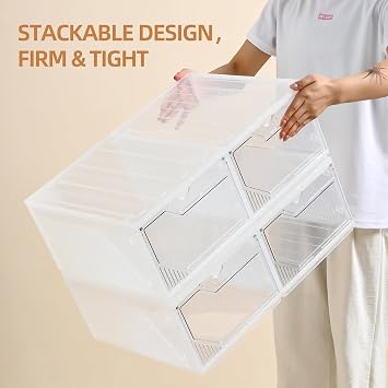 Large Shoe Boxes Clear Plastic Stackable,Drop Front Shoe Box with Clear Door, Shoe Containers For Sneaker Display,Fit up to US Size12 (white clear-Conjoined structure, 10 pack)