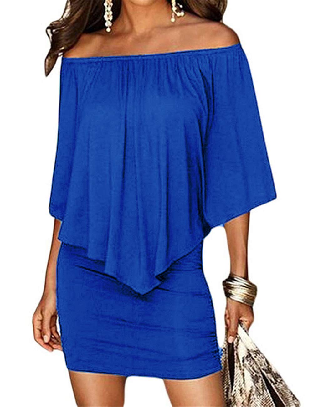 HaolaWomen's Summer Cold Shoulder Off Ruffles Bodycon Mini Dress