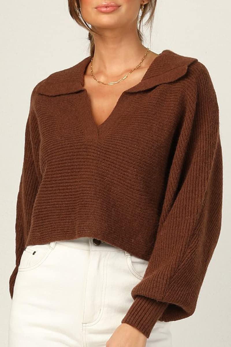 CHYRII Women Overized Puff Long Sleeve V Neck Knitted Polo Pullover Sweater Jumper Tops