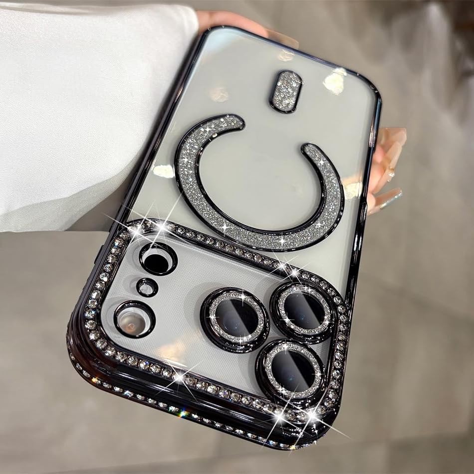 Image of for iPhone 17 Pro Max Magnetic Glitter Case,Luxury Bling Rhinestone Diamond Plated Bumper Case Sparkle Camera Lens Protection Clear Cover for iPhone 17 Pro Max (Black)