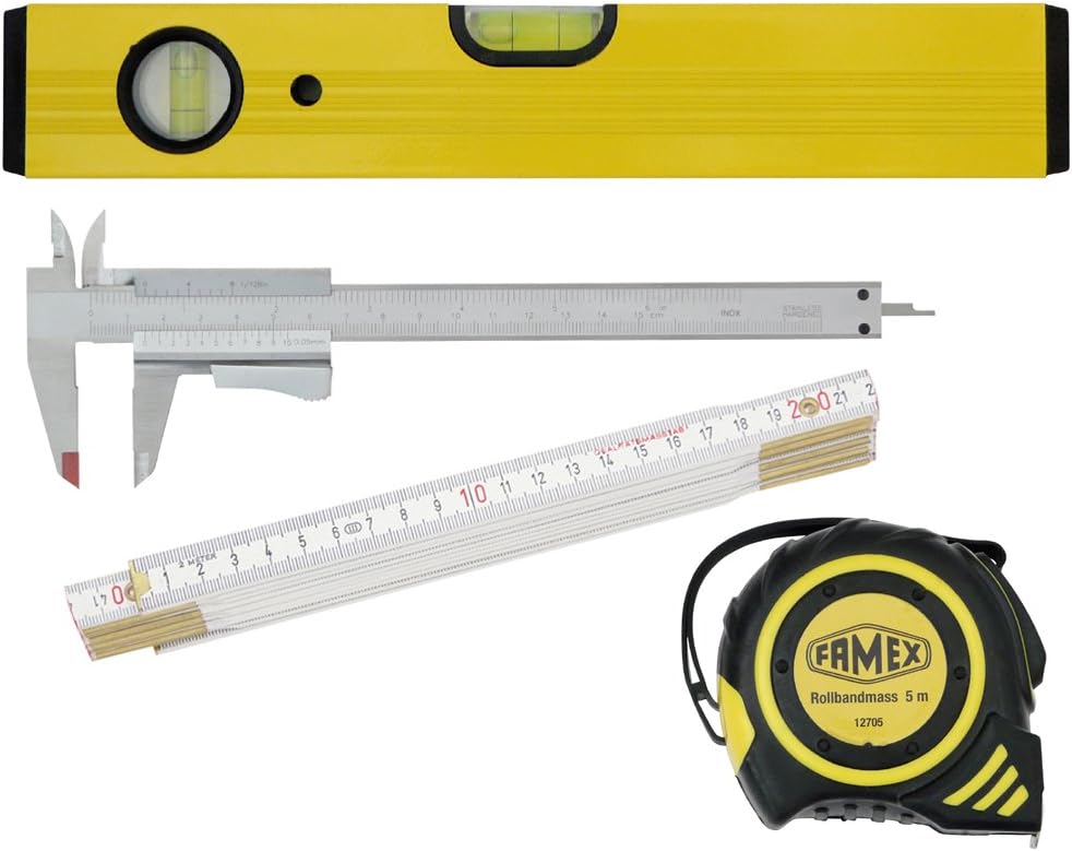 Famex 12814 Measuring Instrument Set 4 Pieces Consisting of Tape Measurer 5 m/Yardstick 2 m/Light Metal Spirit Level/Precision Vernier Callipers Stainless Steel