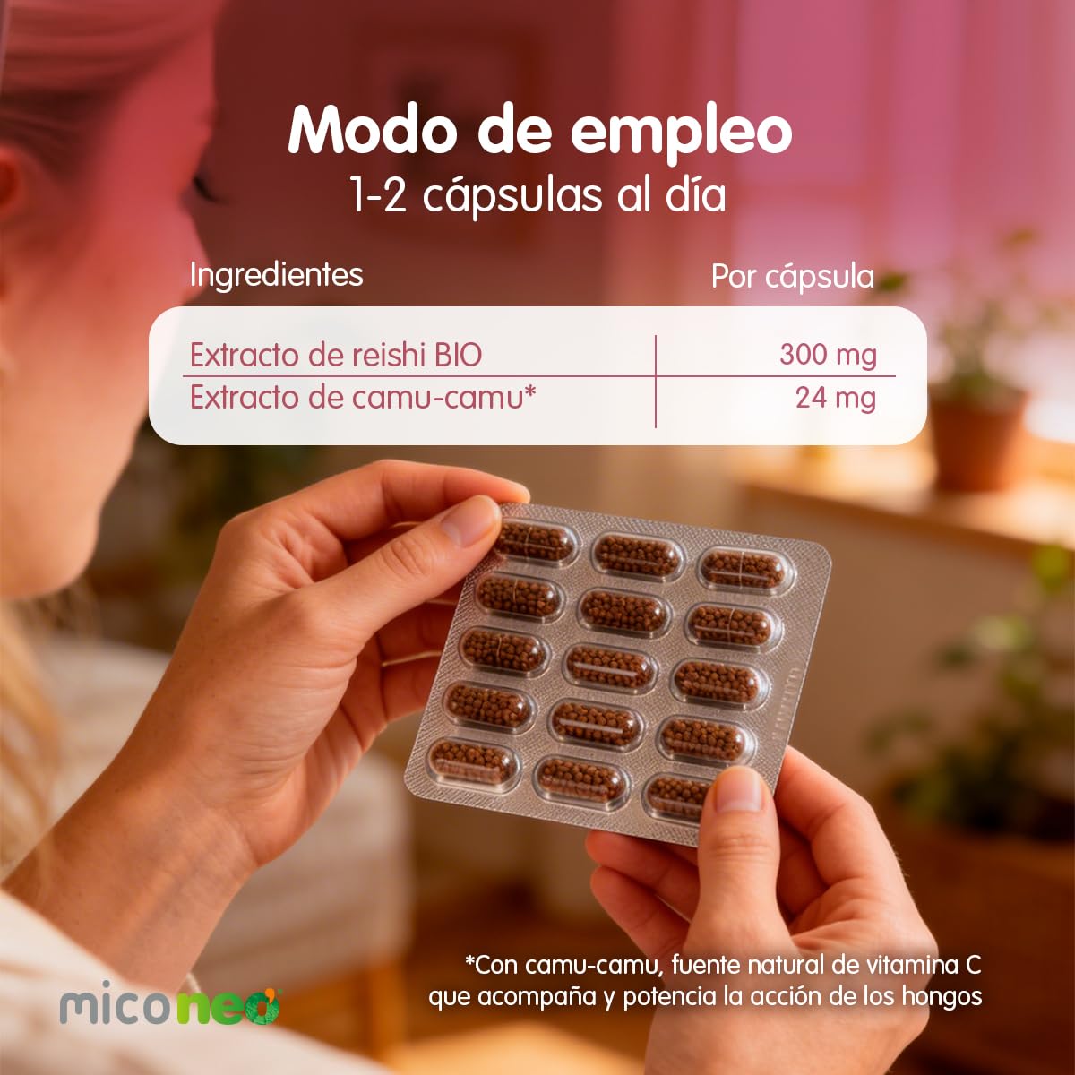 MICO NEO | Complemento Alimenticio 60 Cápsulas | Para Aumentar las Defensas y Proporcionar Energía Diaria | A Base de Reishi Camu-Camu y Vitamina C | Apto para Vegetarianos | Tomar 1 o 2 al día