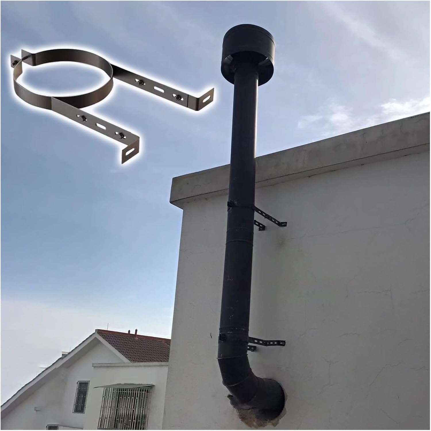 Stainless Steel Adjustable Chimney Support Bracket - Wall-Mounted Pipe Stand for Exhaust & Drainage Tubes, 23cm, Durable, Rust-Resistant, Ideal for Home & Industrial Use