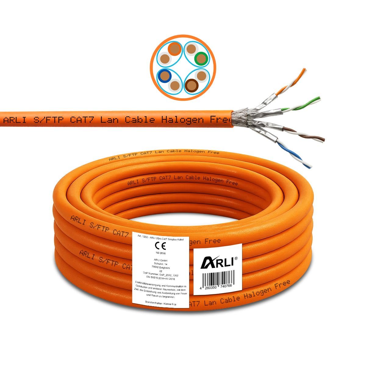 ARLI CAT 7 25m Verlegekabel Netzwerkkabel CAT.7 + 2x Netzwerkdose Cat6a + 1x Werkzeugset Crimpzange Abisoliermesser Tester Netzwerk Werkzeug Set 4 in 1 S/FTP CAT7 PIMF Kabel AWG23/1 Ethernet 25 m