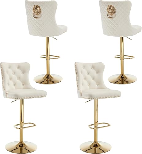 Miniatura 109 de Juego de 4 taburetes de bar giratorios ajustables de terciopelo con respaldo copetudo, ribete de cabezas de clavos y anillo de tracción, sillas de