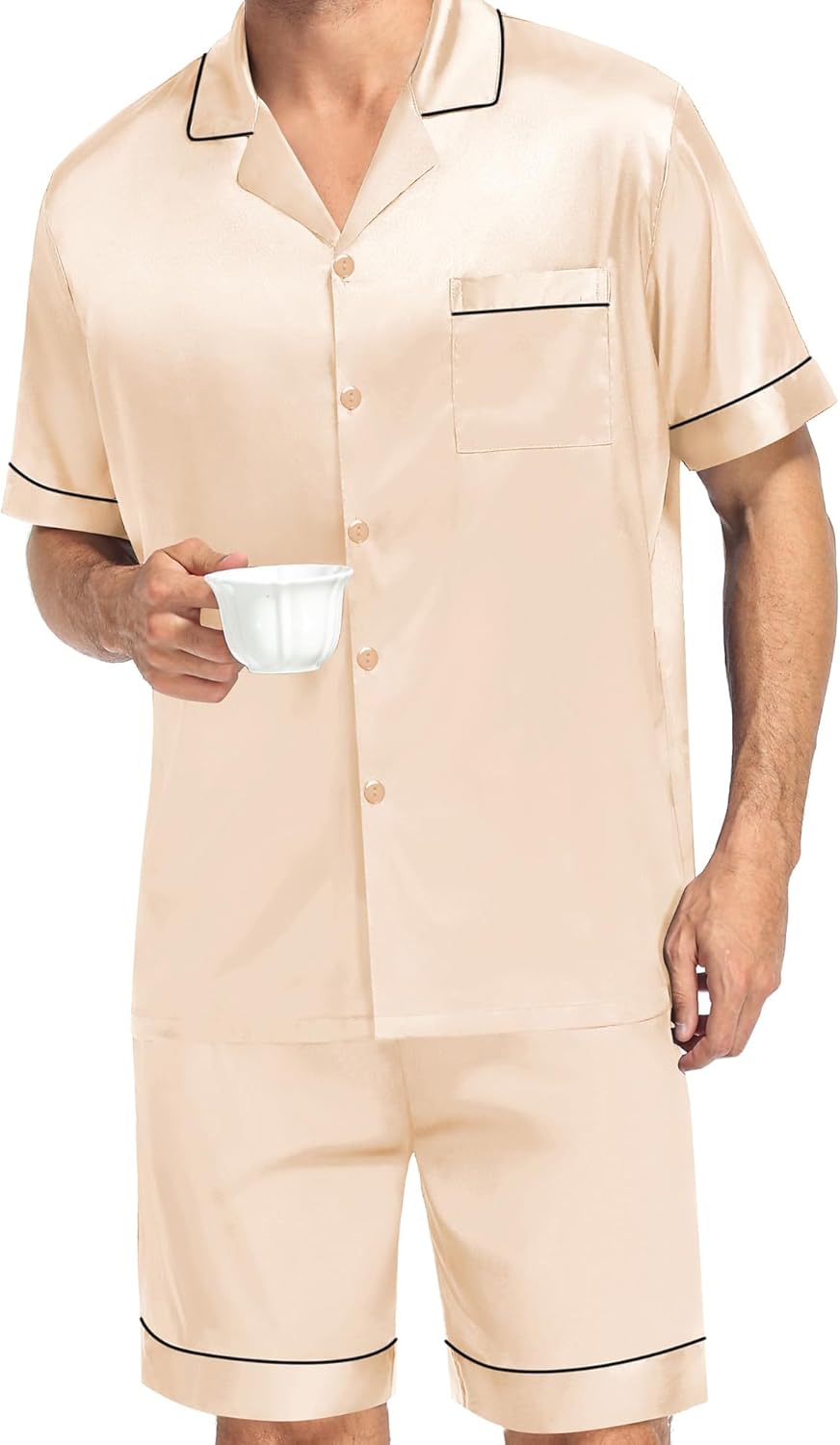 SWOMOG Couples Matching Pajamas Set Satin Short Sleeve Button Down Tops Silk Shorts Pj Lounge Set Soft Sleepwear - Image 3